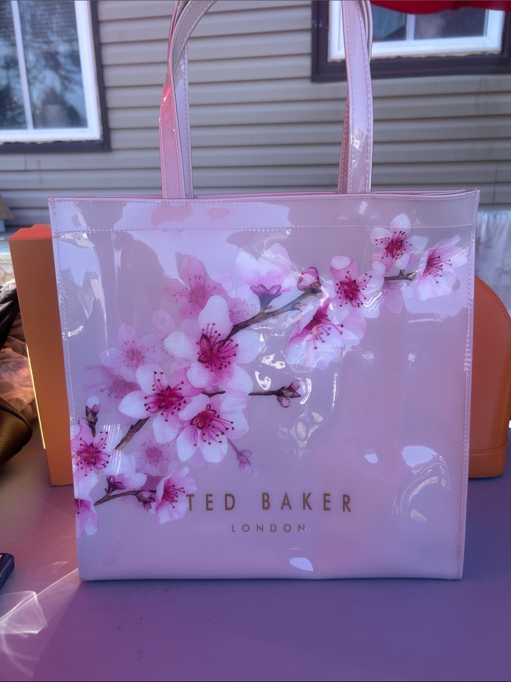 EUC Ted Baker Pink Floral Patent Tote with Cherry Blossom Print - Picture 1 of 8